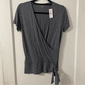 Loft Outlet Gray White Polka Dot Faux Wrap Top